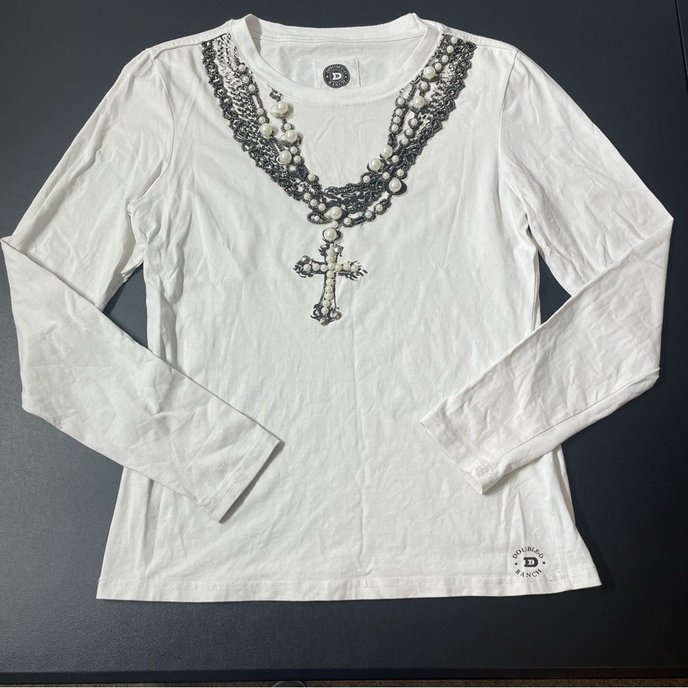 Double D Ranch White Long Sleeve Tee with Necklace and Cross Graphic